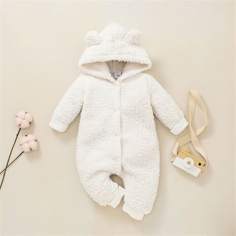 Baby Winter Hooded Furry Jumpsuit White