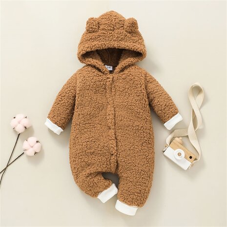 Baby Winter Hooded Furry Jumpsuit Brown