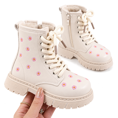 Beige babylaarzen met roze bloemetjes, voor meisjes, ters en ritssluiting